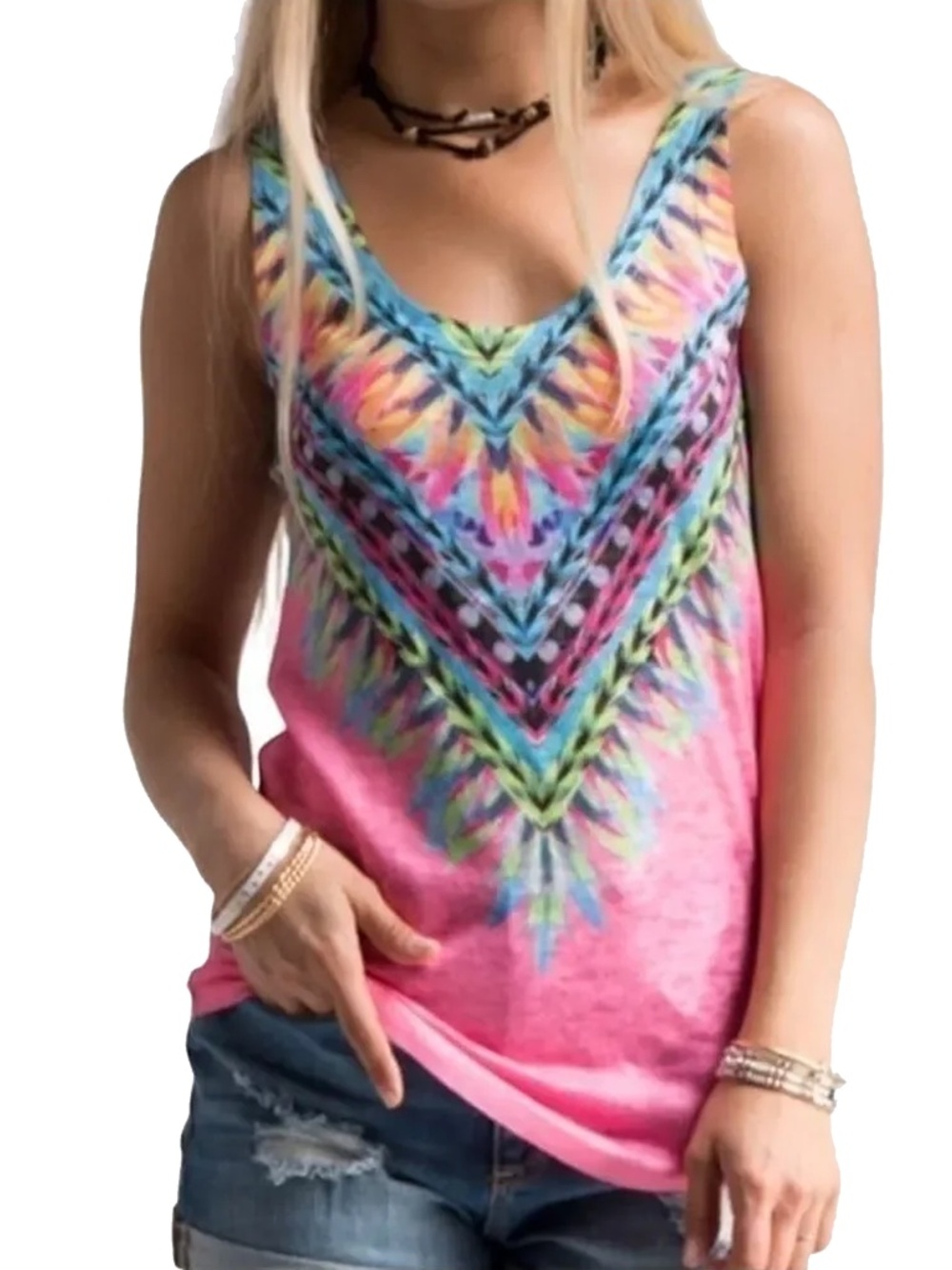 Xync Pink Multi Top Tank Shirt Bold Geometric Graphic Tie Dye print NIP